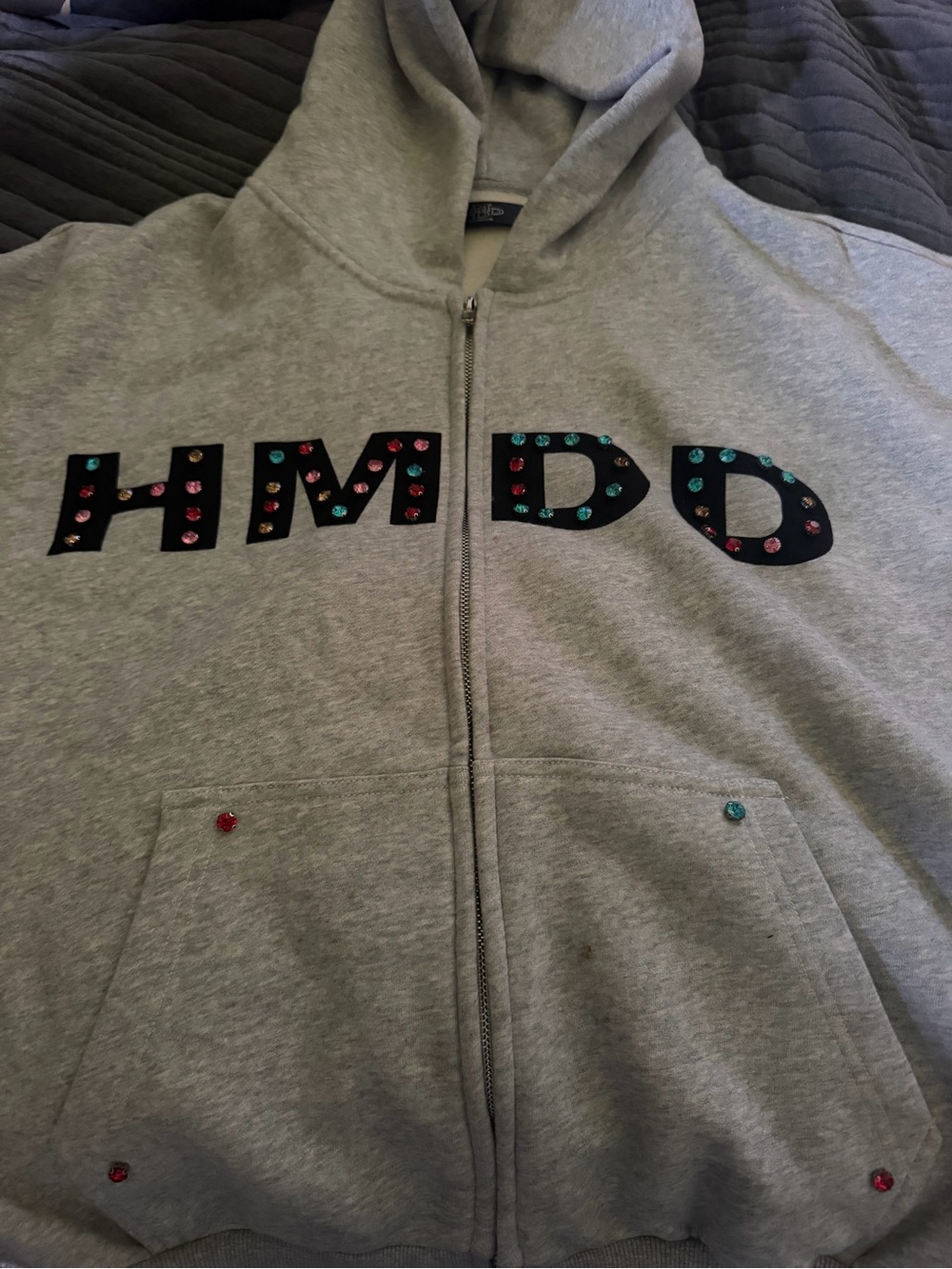 HMDDGray Zip Hoodie with Black Logo Patch